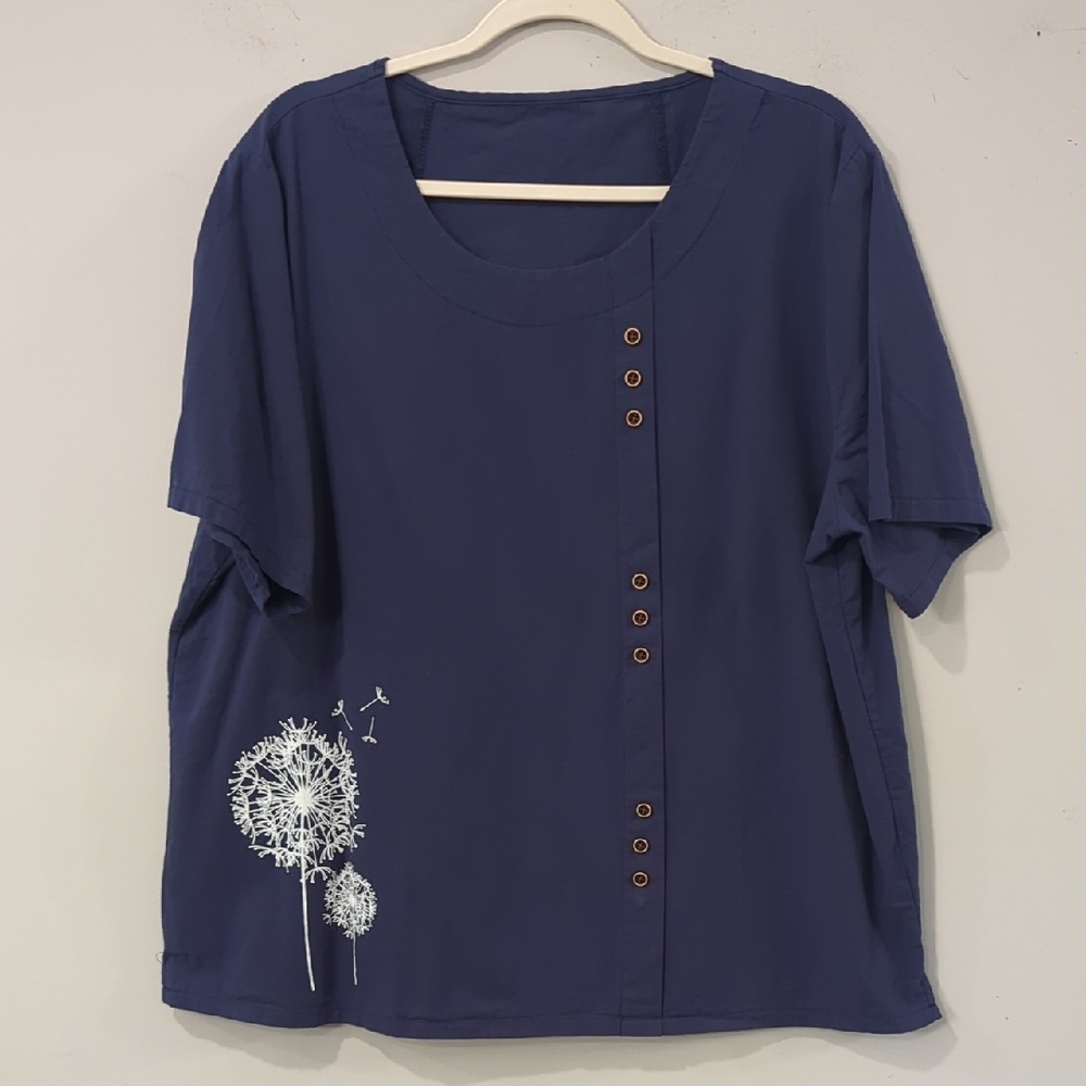 Navy‎ Blue Women's Top with Dandelion Design Size 2X